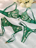 Luxe Green Metallic Foil Lace Lingerie Set