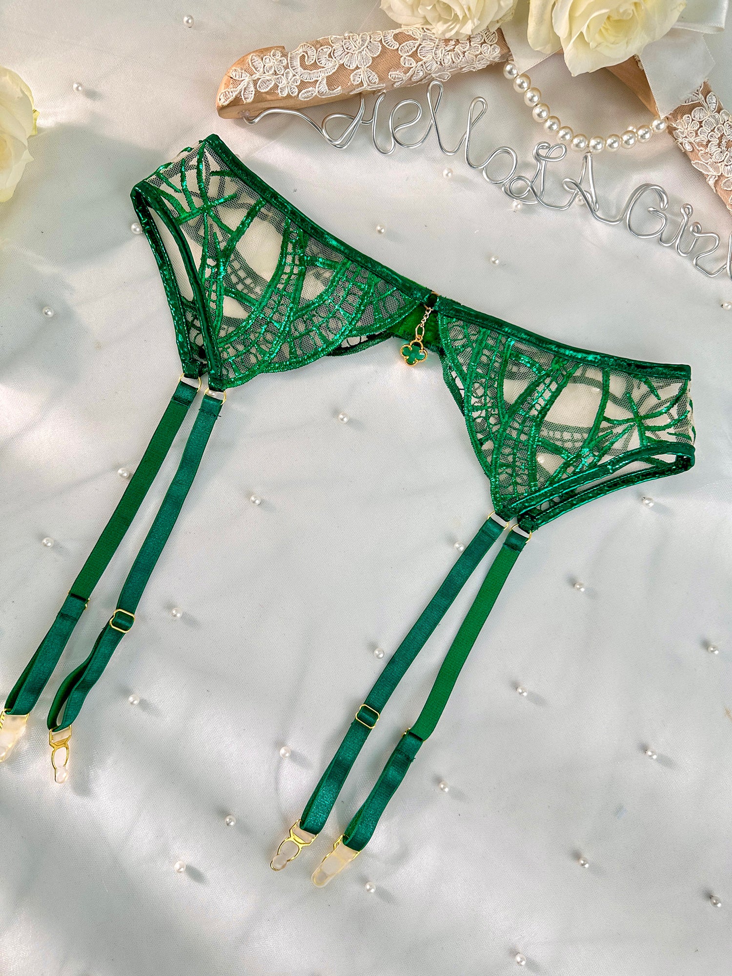 Luxe Green Metallic Foil Lace Lingerie Set