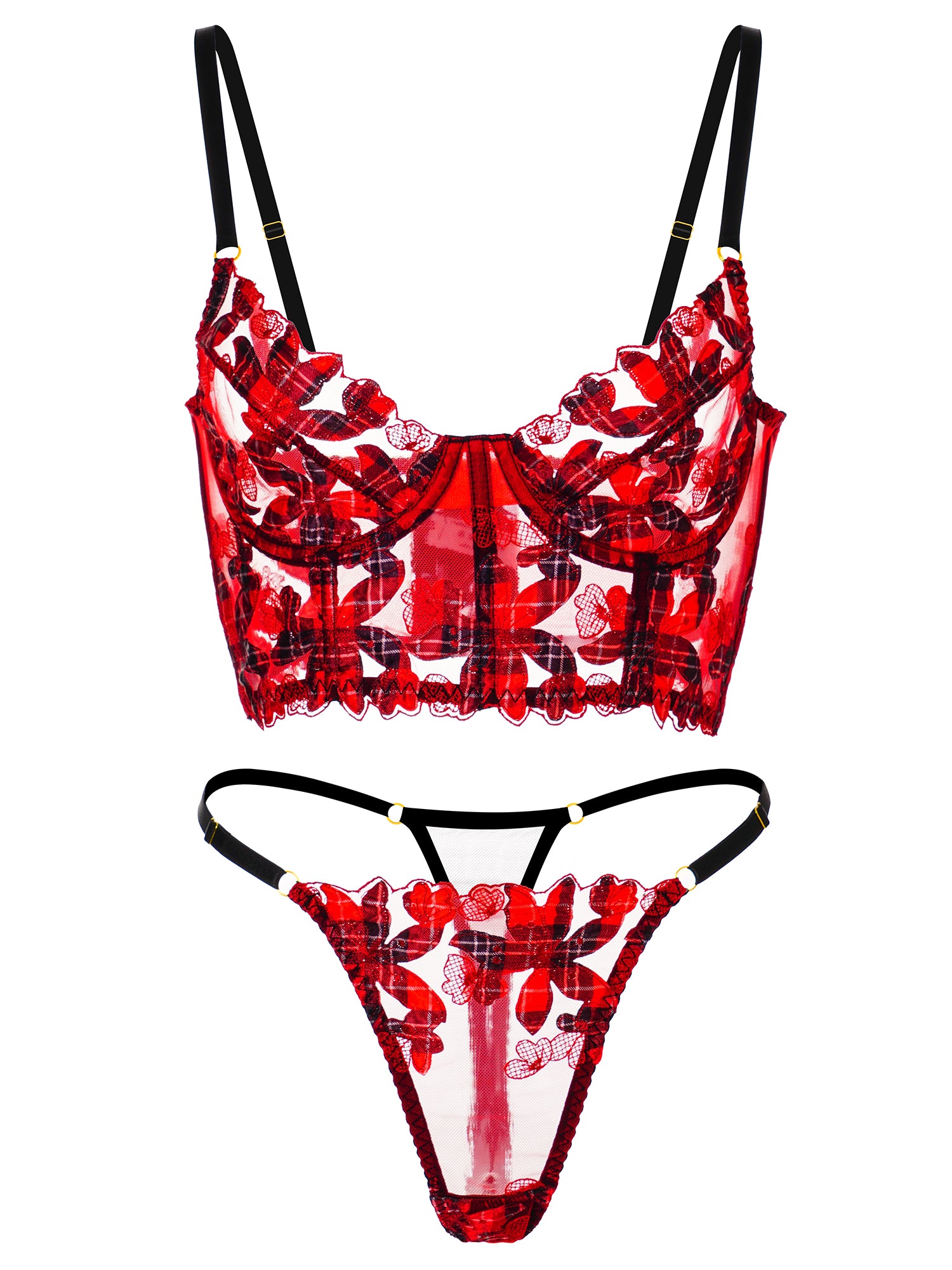 Red Tartan Flower Lace Lingerie Set