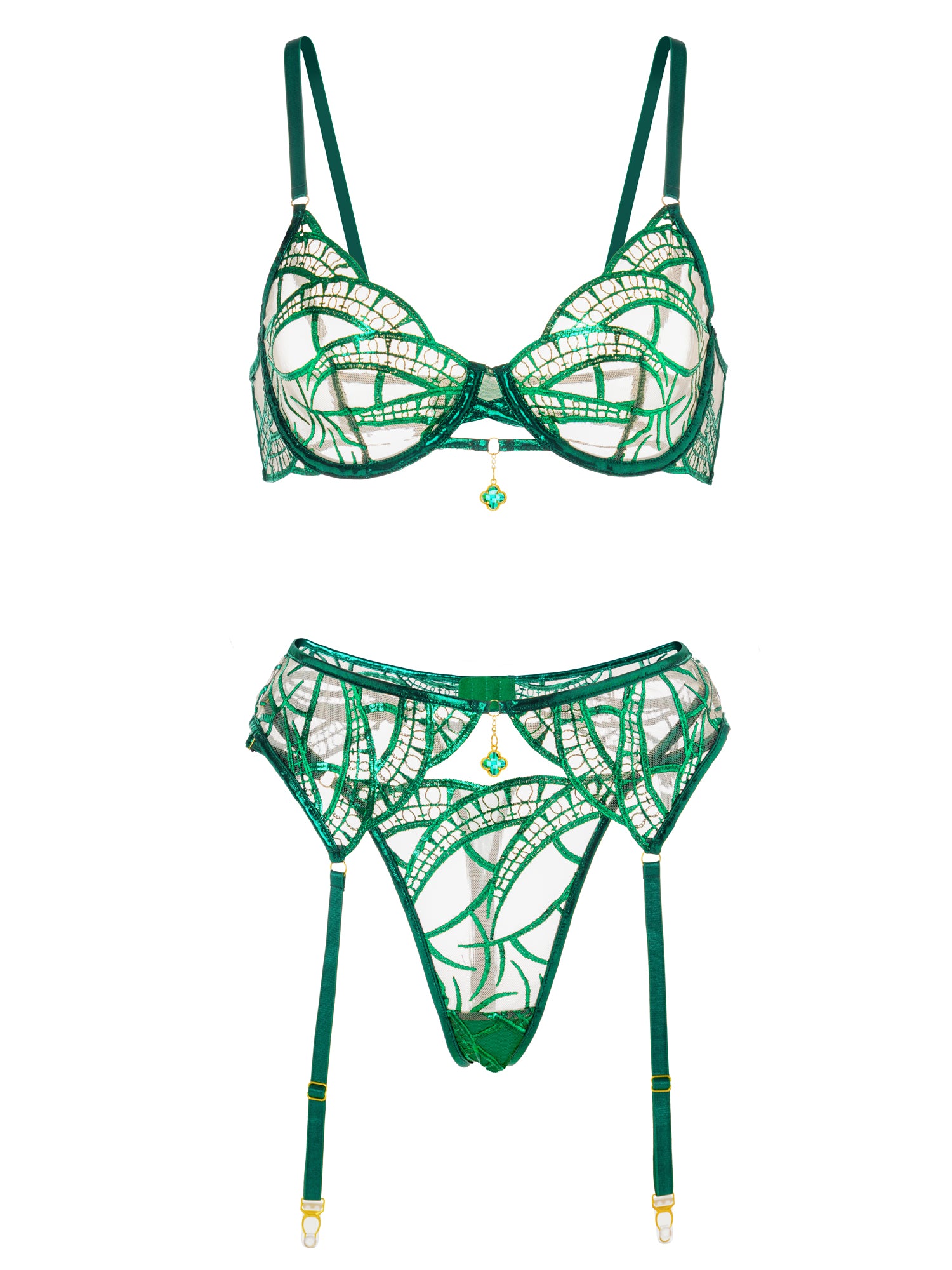 Luxe Green Metallic Foil Lace Lingerie Set