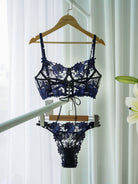 Black&Blue Floral Embroidery Ribbon Lingerie Set