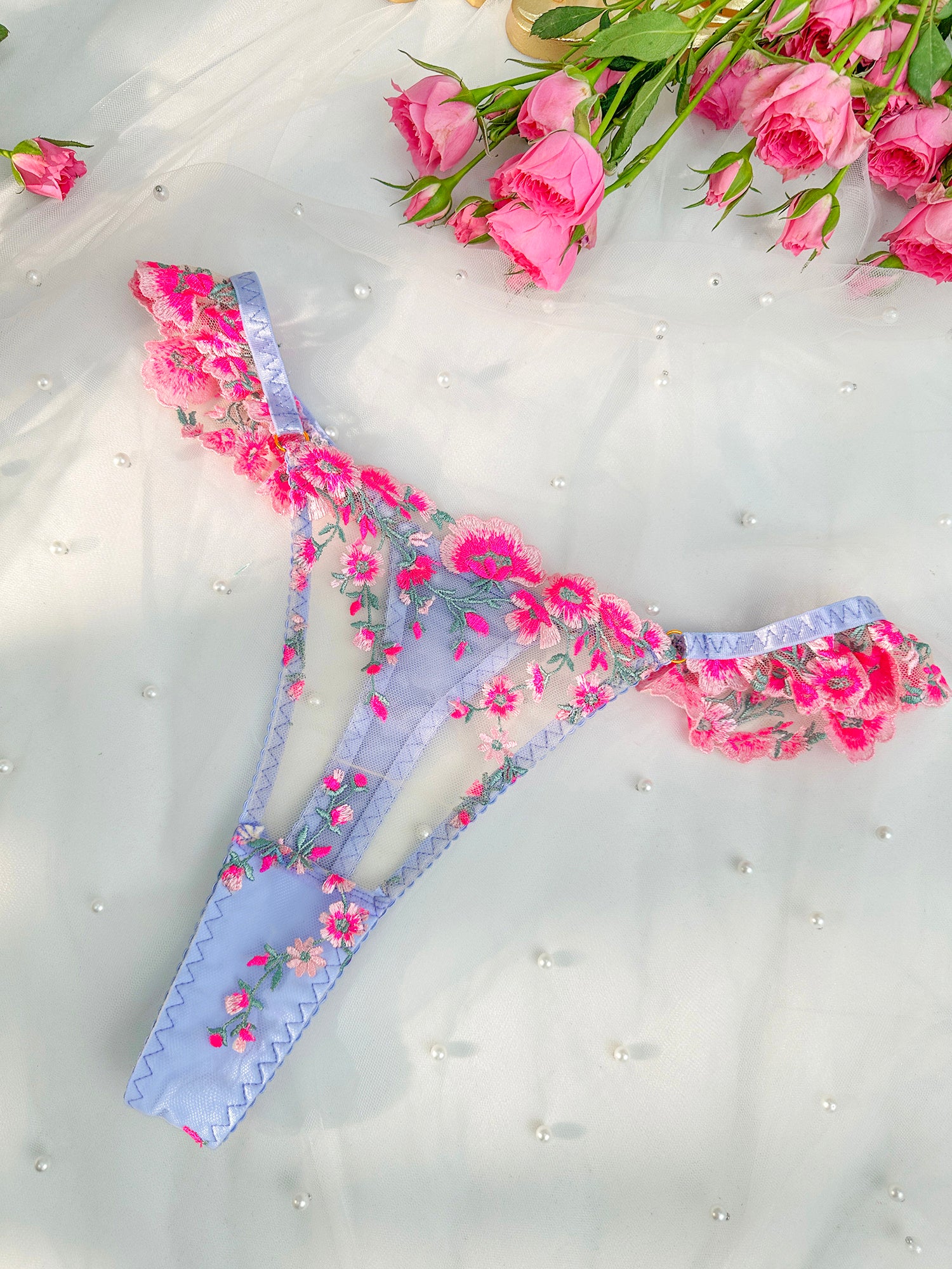 Fantasy Pink Bloom Embroidery Lingerie Set