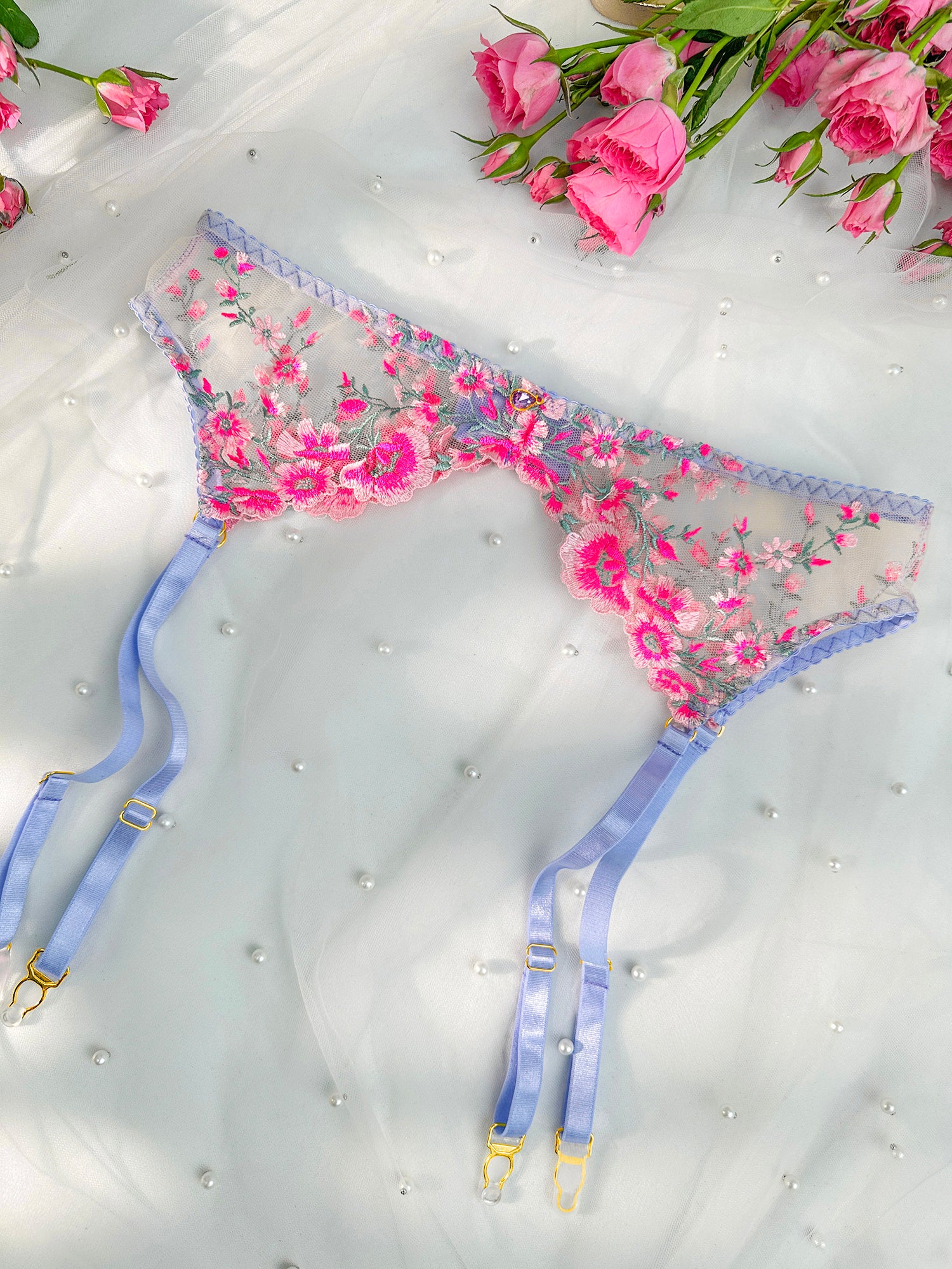 Fantasy Pink Bloom Embroidery Lingerie Set