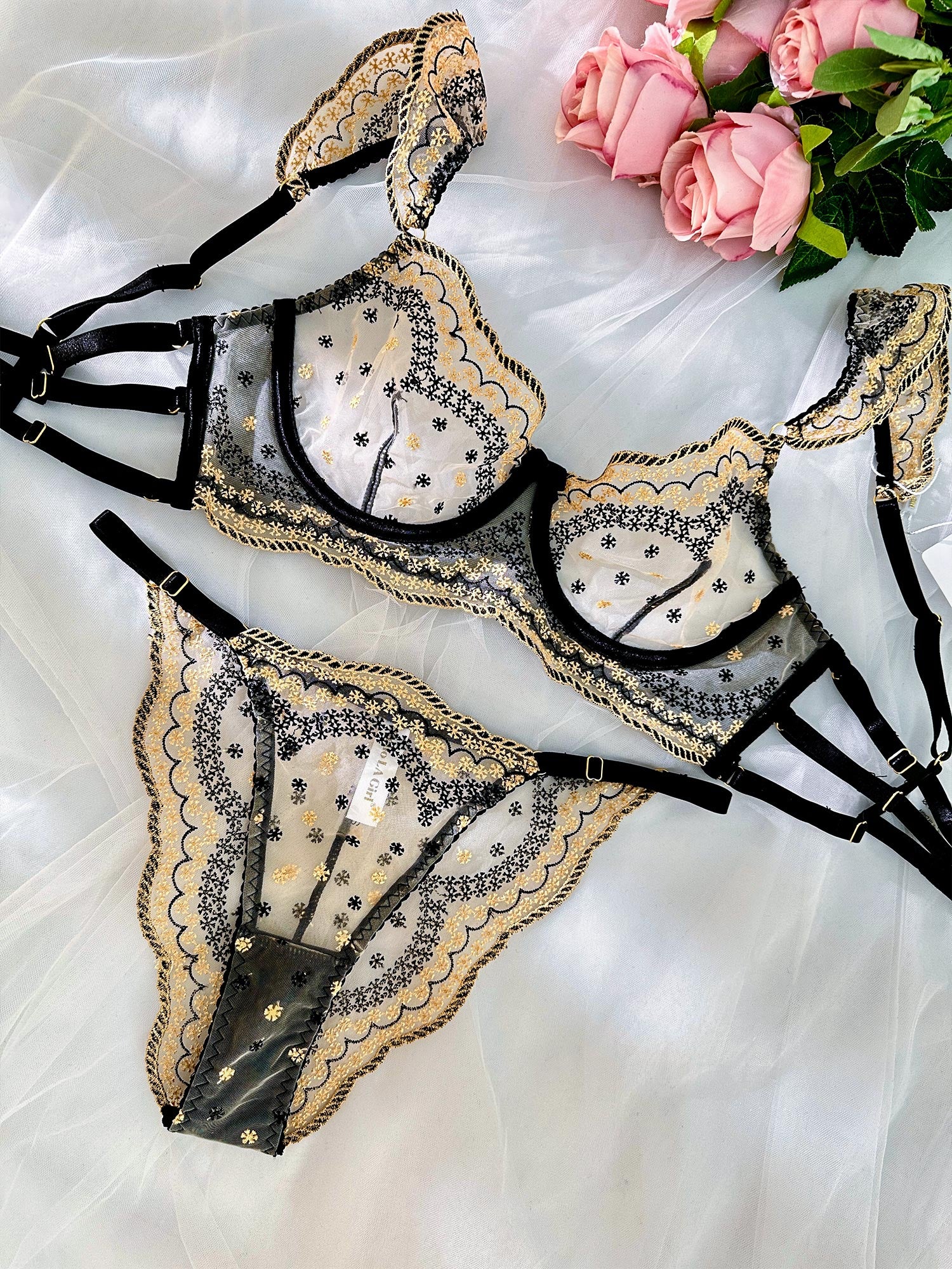 Black&Gold Luxury Lace Embroidered Thong