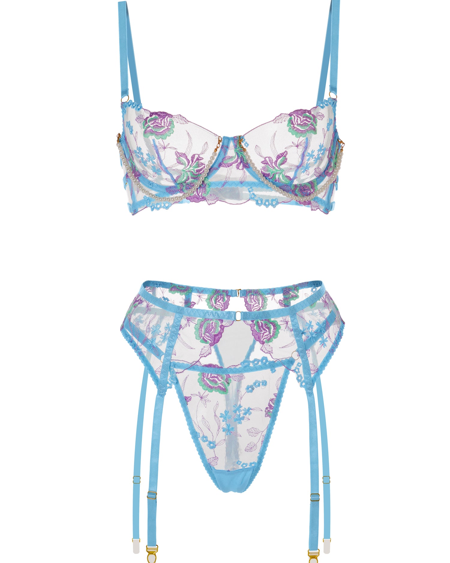 Blue Floral Embroidery Pearl Chain Lingerie Set