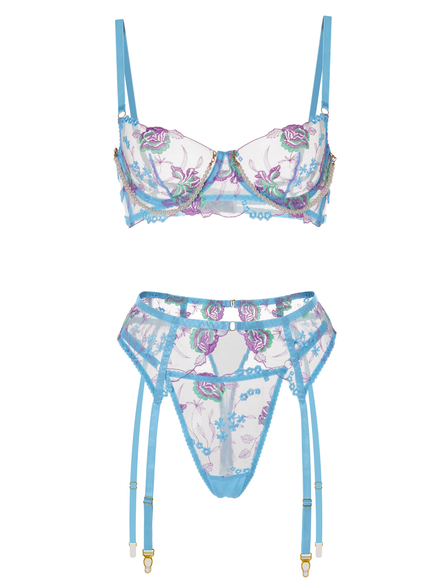 Blue Floral Embroidery Pearl Chain Lingerie Set