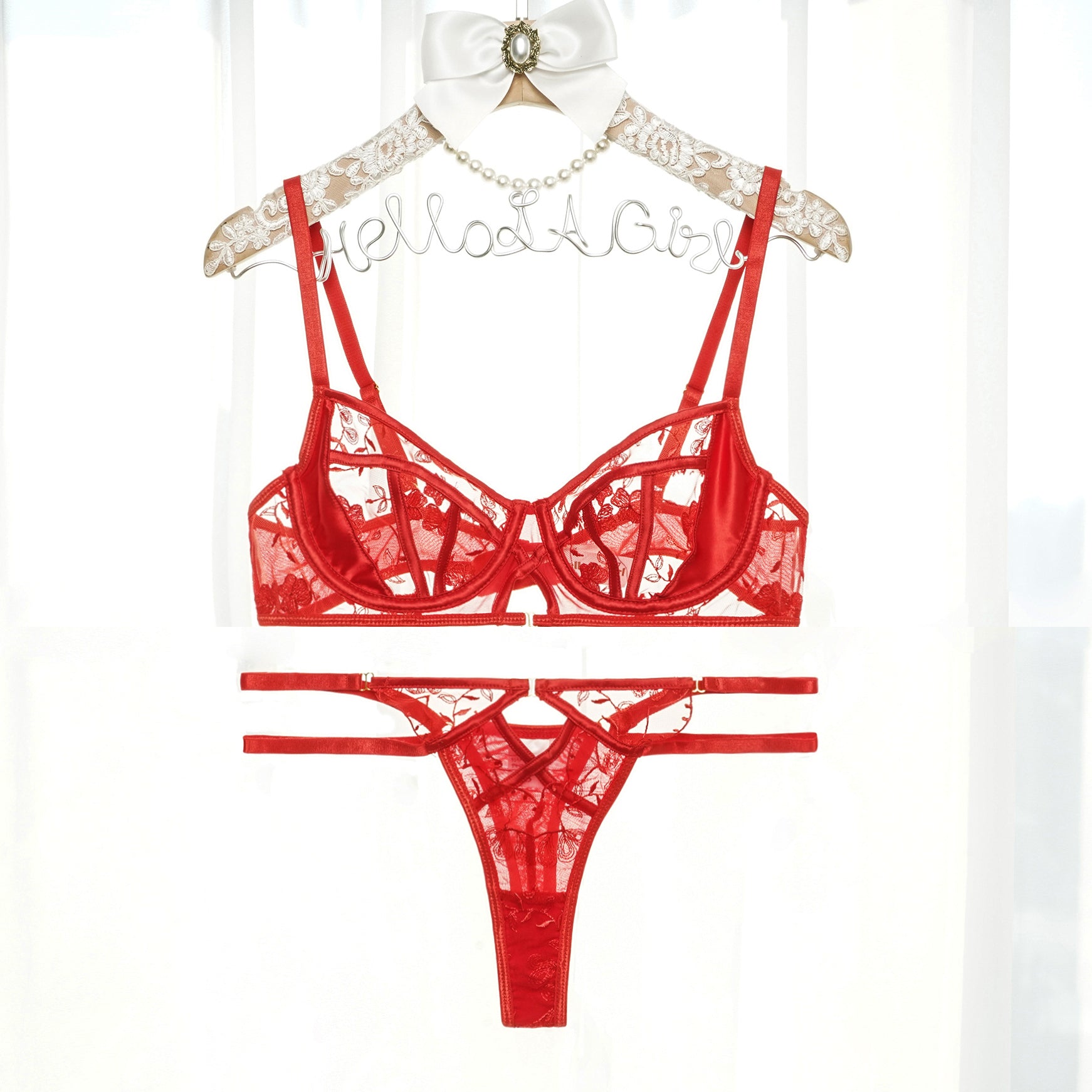 Red Floral Embroidery Lingerie Set