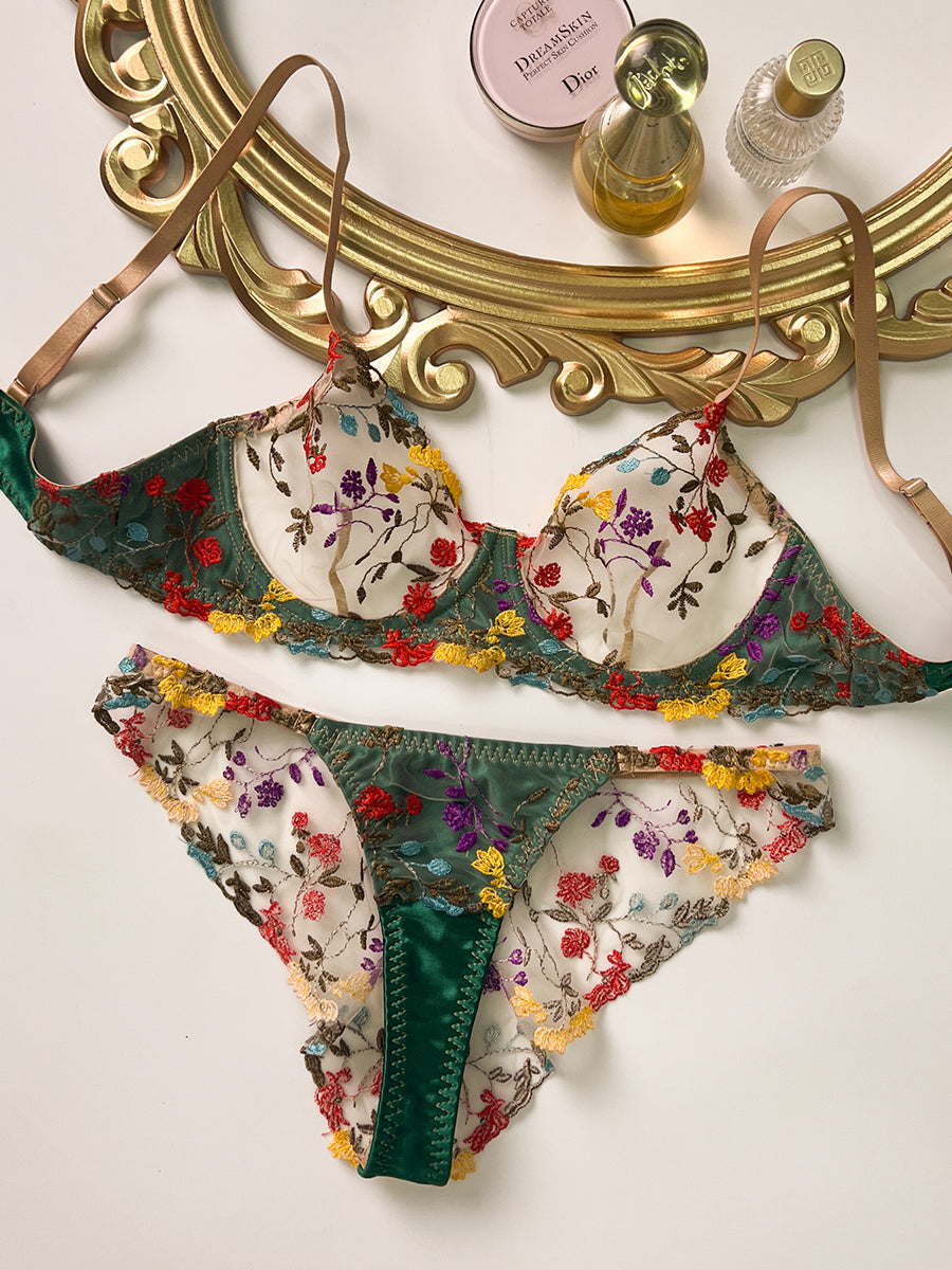 Green Floral Lace Underwired Cup Bra