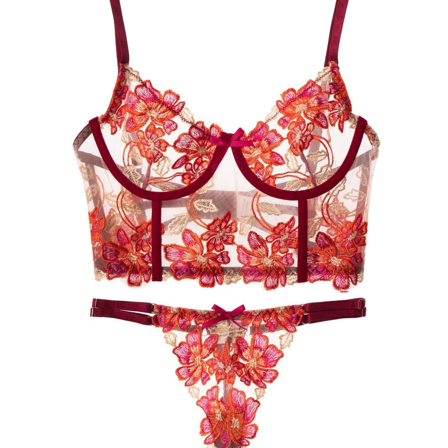 Red Floral Embroidery Bustier Straps Lingerie Set