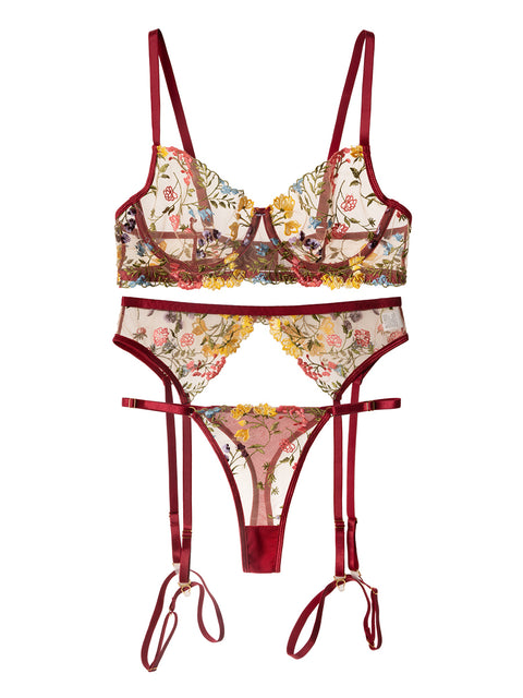 Wine Red Floral Embroidery Lace Cup Lingerie Set Hellolagirl 
