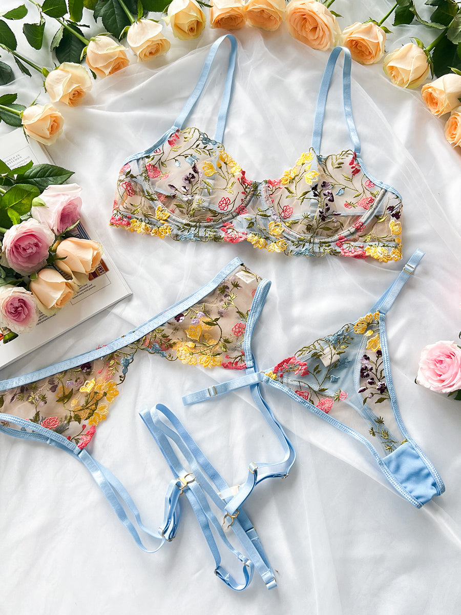 Light Blue Floral Embroidery Lace Cup Lingerie Set Hellolagirl 4718