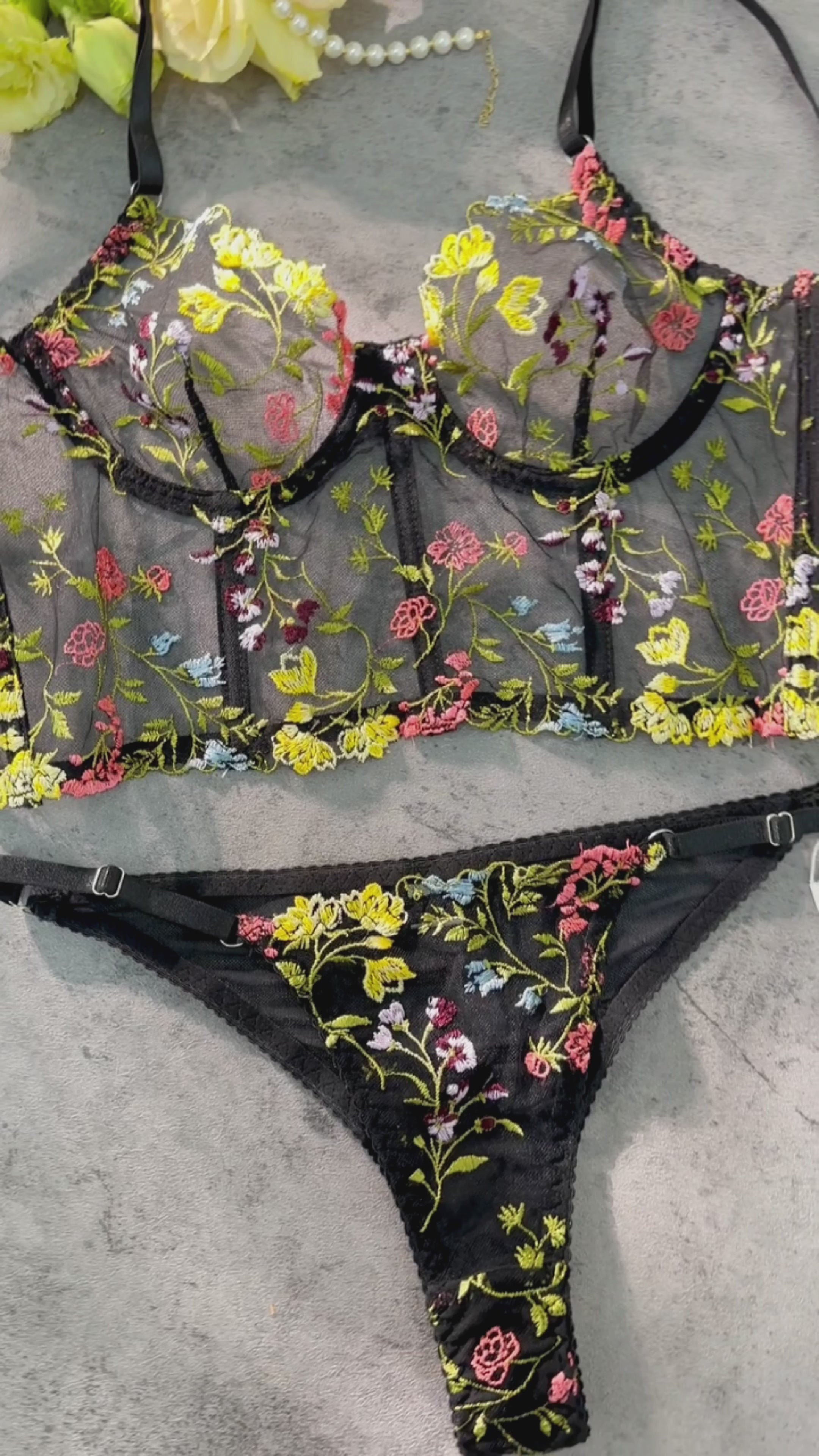 Black Floral Sexy Sheer Embroidered Lingerie Set