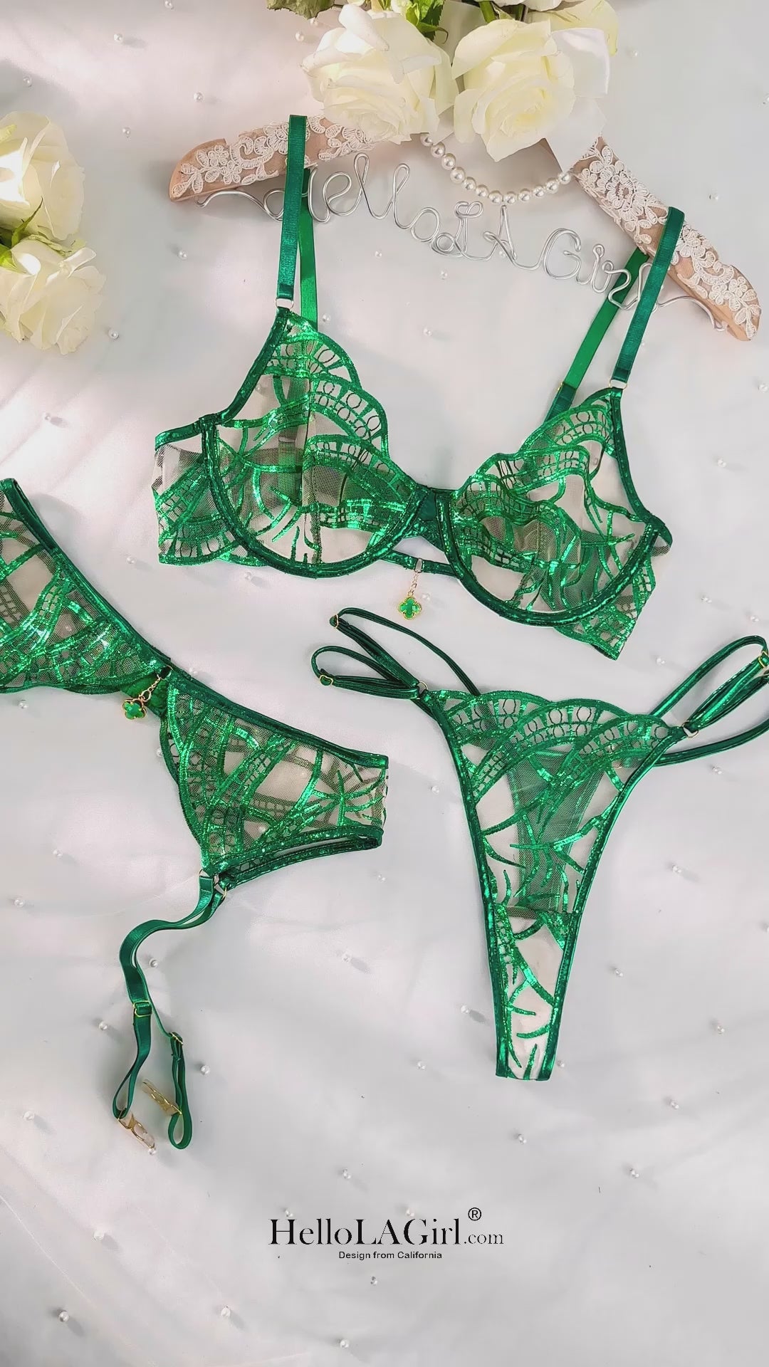 Luxe Green Metallic Foil Lace Lingerie Set