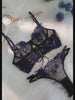 Black&Blue Floral Embroidery Ribbon Lingerie Set