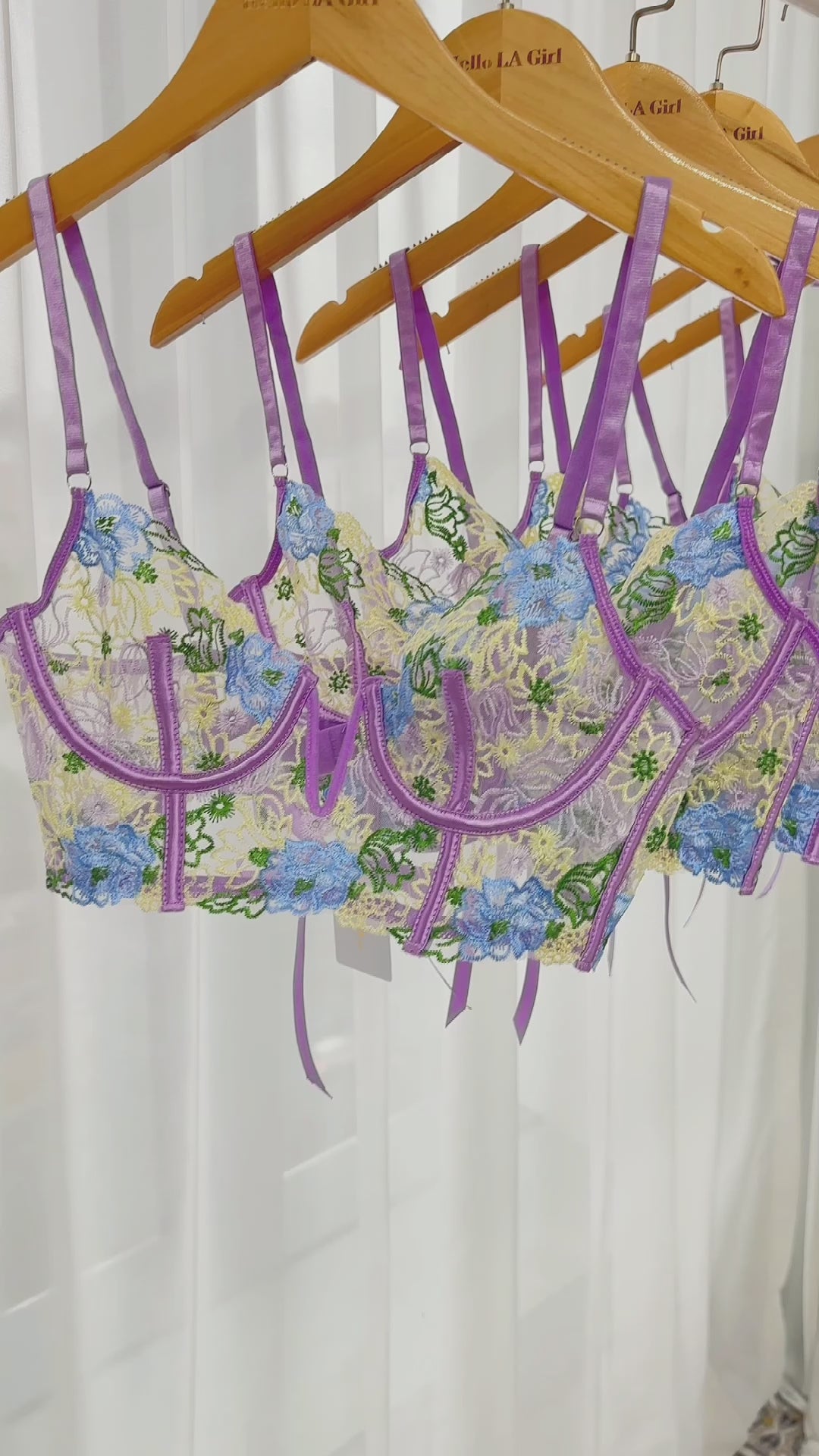 Purple Florals Embroidery Bustier  Lingerie Set