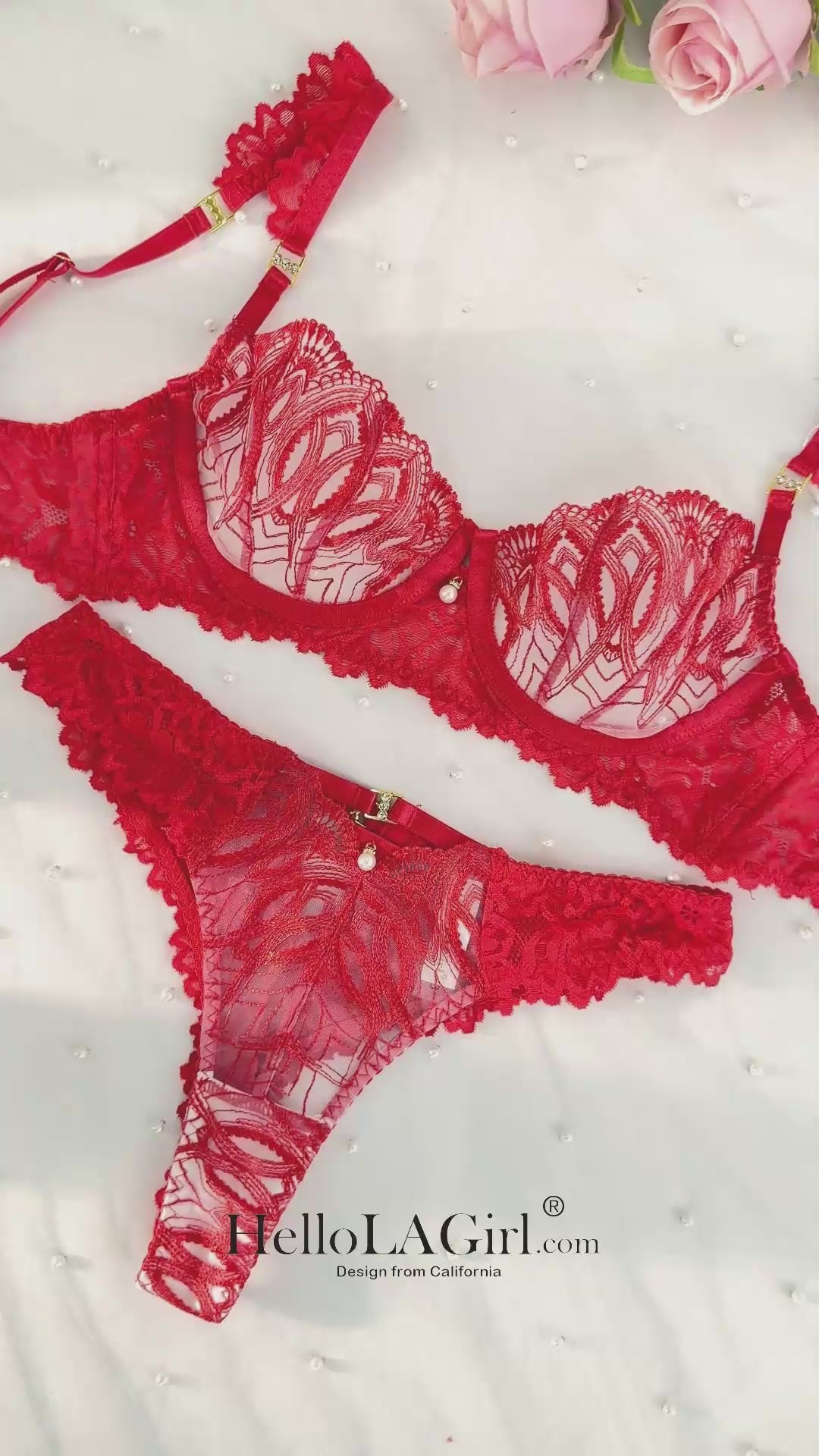 Eye-catching Red Embroidered Small Pearl Lingerie Set
