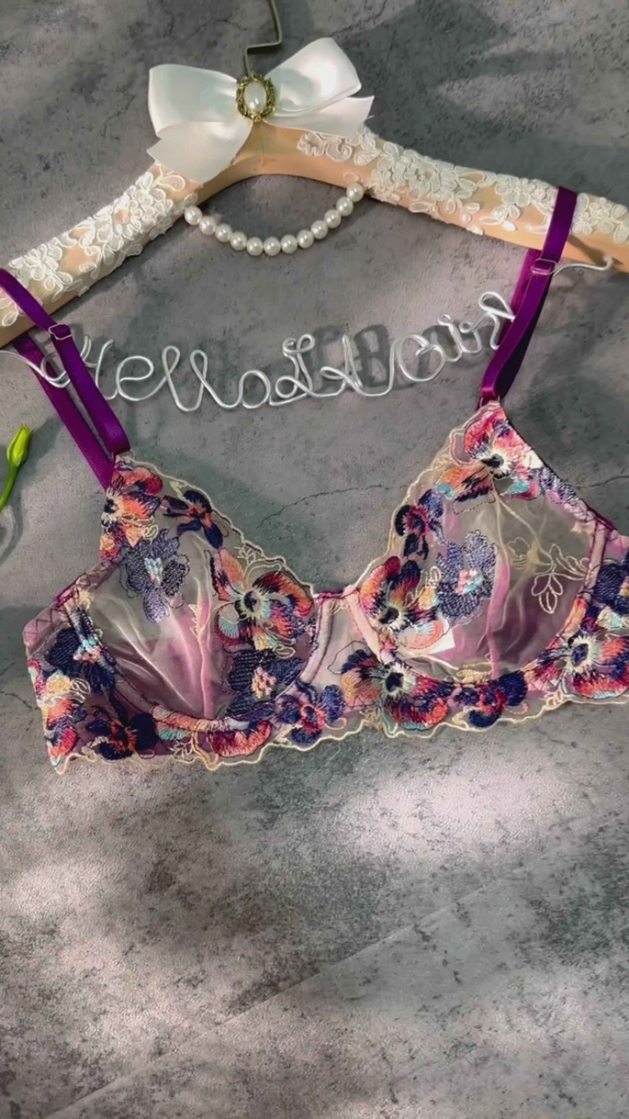Purple Embroidered Floral See-through Lingerie Set