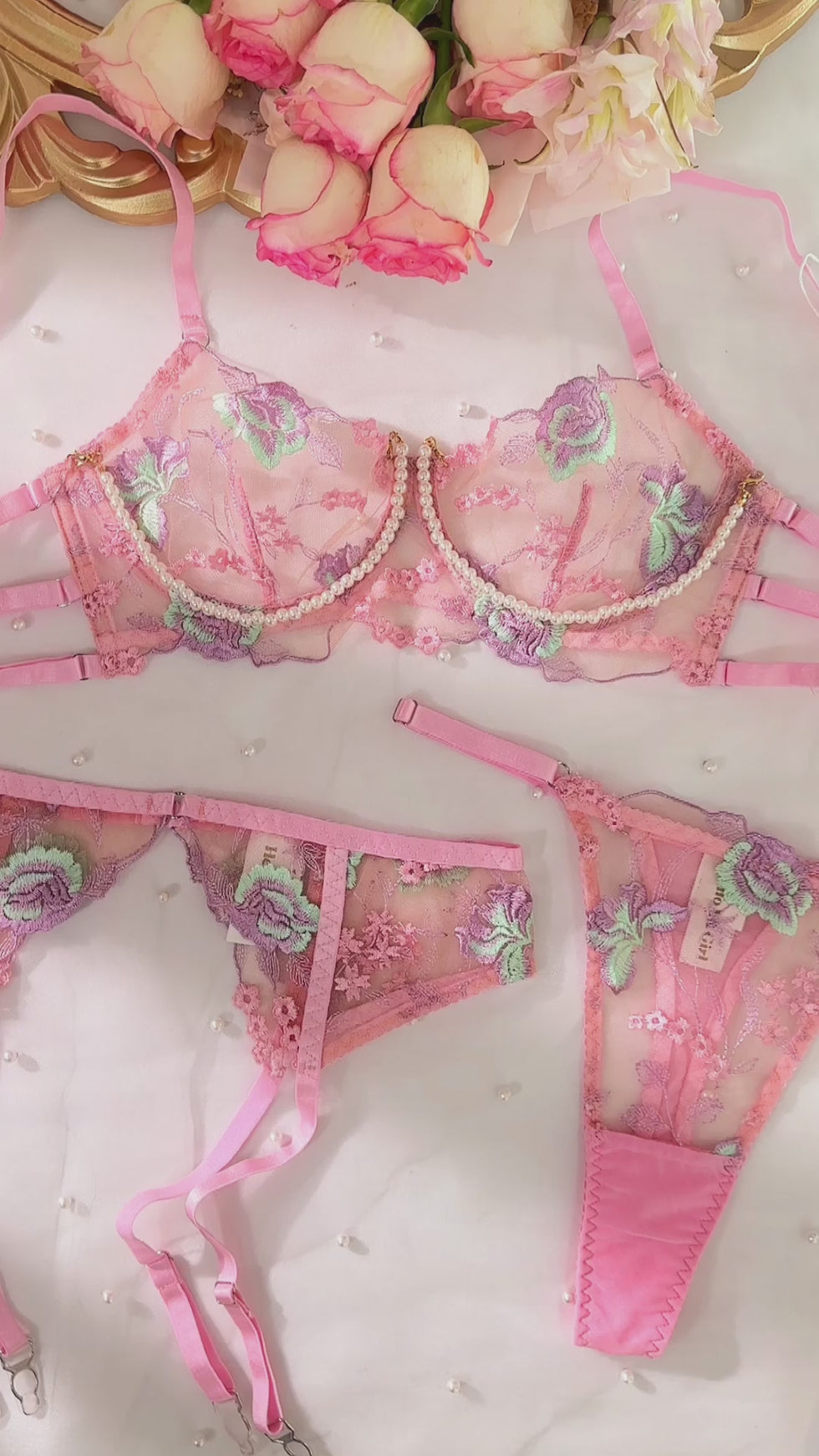 Pink Floral Embroidery Pearl Chain Lingerie Set |HelloLAGirl – Hello.LA ...